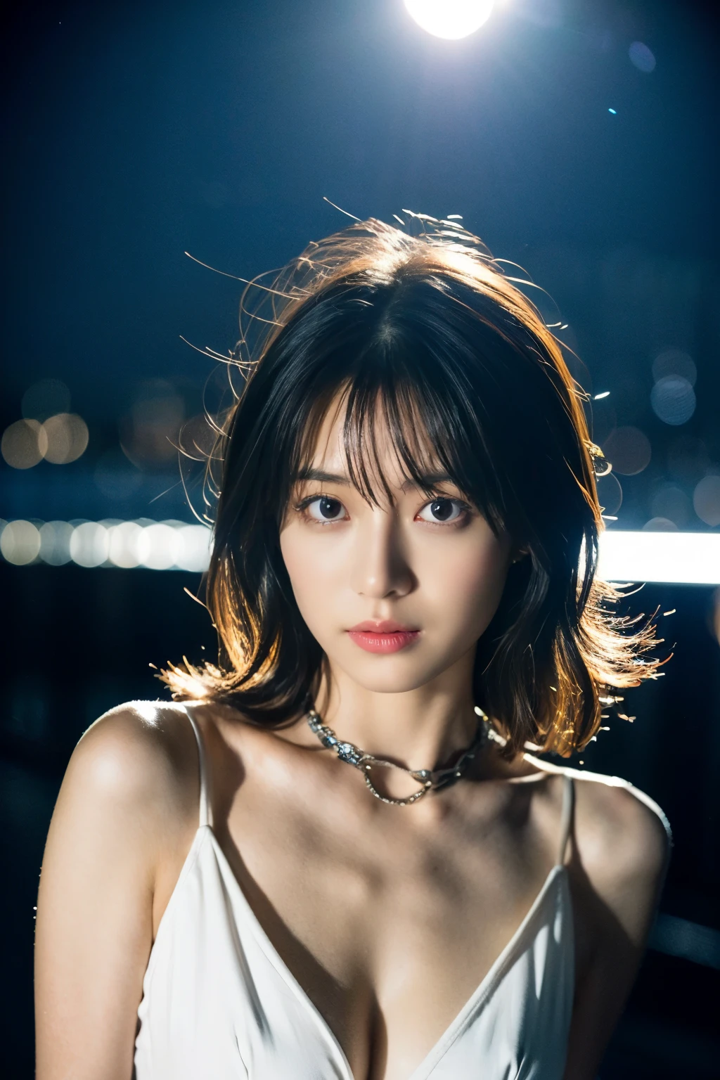 Draw a girl standing by the sea watching the night scene,🤤Japan girl warning with a serious face、頭上には 💬 吹き出しが浮いている。Cartoon style。randome pose, mix4,(8k, RAW photos, best qualtiy, tmasterpiece:1.2), (realisticlying, photograph realistic:1.37), 1girl, adolable, view over city, the night, Sateen, dampness, profesional lighting, Photon Mapping, Radio City, physically-based renderingt, gradient black colour hair, , whaite hair, short and wavy hair, handsome, Kizi, white ball suit, High quality images, A high resolution, 1080p, (Clear face), (detailed face description), (Detailed hand description), (tmasterpiece), (exquisite CG), Extreme light and shadow,messy hair,The work of the master,rich details,(Delicate facial features),(highest quality picture),(tmasterpiece),(Detailed eyes),looking ahead with eyes,fine collar bone