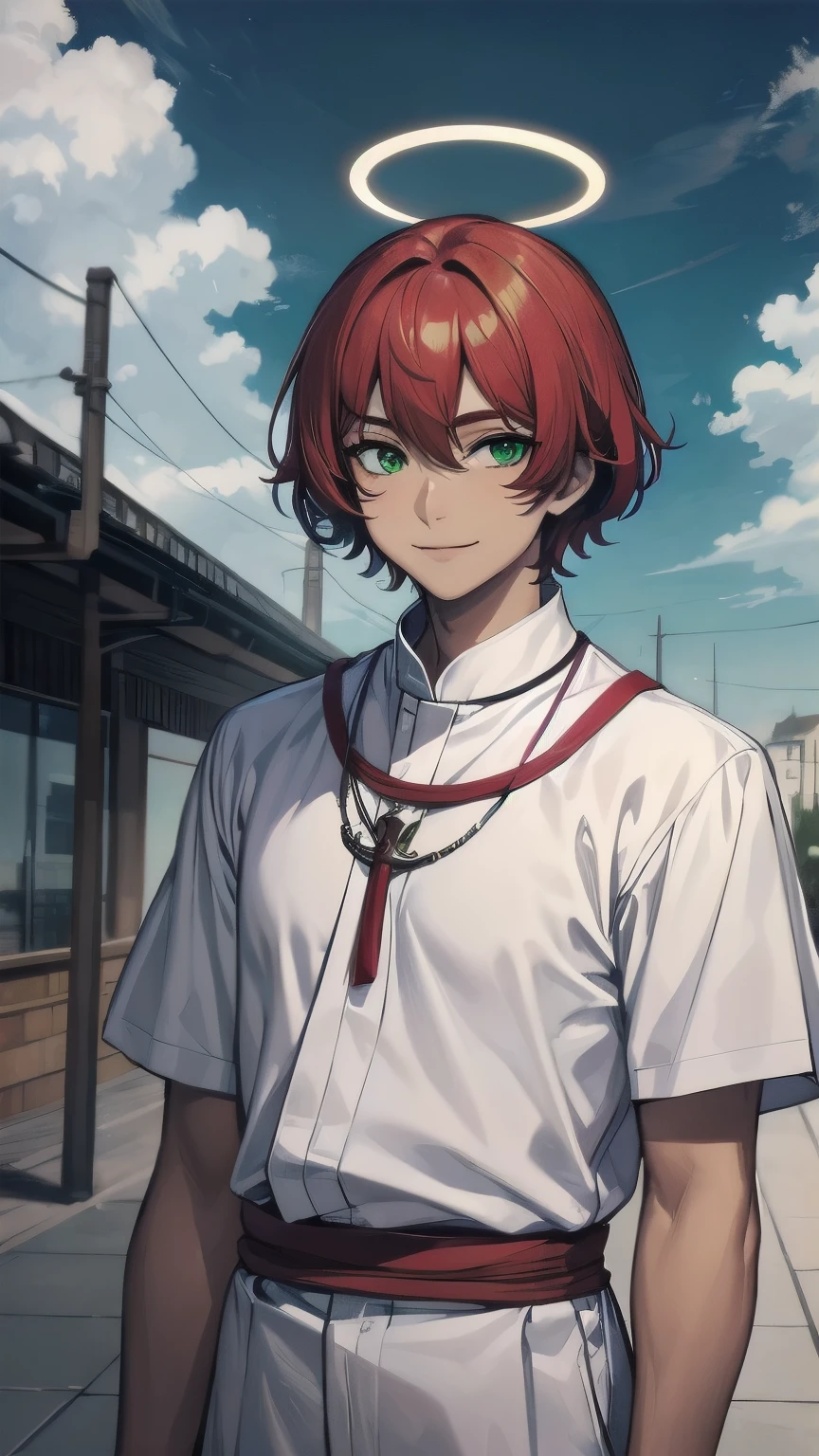 (masterpiece), ((sfw)), best quality, expressive eyes, perfect face, mature male, (1boy, adult Man, young adult, handsome man), solo, red hair BREAK bob cut, green eyes BREAK (tanned skin, tanned male), priest, background sky, clouds, outdoors, cloudy sky, day, halo, white outfit, standing, upper body, smile, looking at viewer, closed mouth