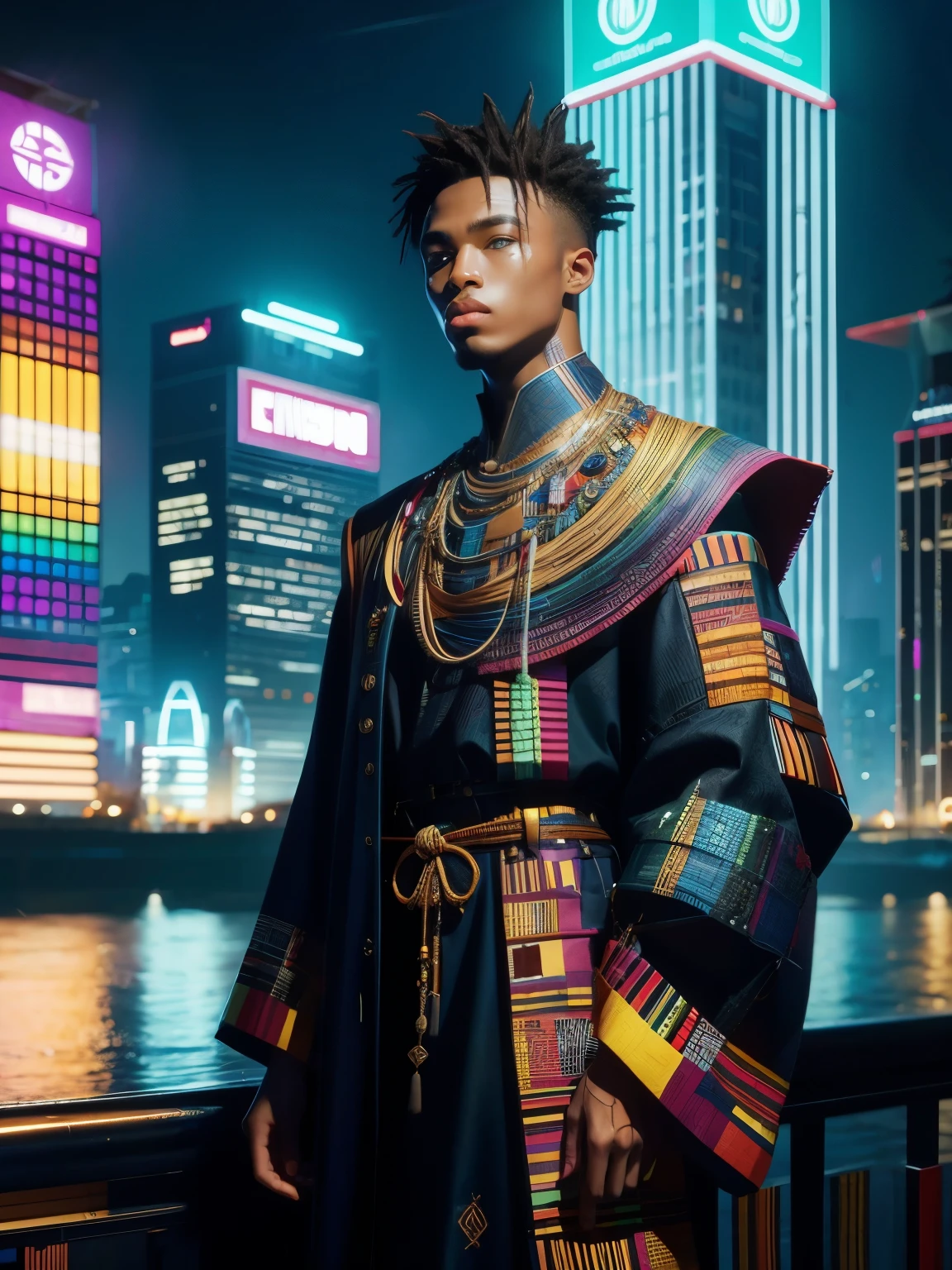 (high quality), (masterpiece), (detailed), 8K, Hyper-realistic illustration depicts (Japanese boy1.3) adorned in a fusion of (Ghanaian kente cloth1.2) and (Senegalese kaftan1.2) patterns, blended with (futuristic armor1.2) elements, showcasing a unique blend of traditional and modern styles. His (vibrant blue eyes1.2) gleam with an otherworldly intensity, as he stands amidst a backdrop of (neon-lit cityscape1.2) with towering skyscrapers and holographic advertisements. In the style of Ash Thorp, trending on DeviantArt.
