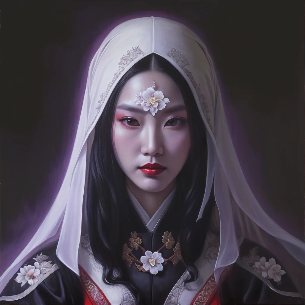 (Oil painting: 1.5),
\\
A woman with long black hair and white flowers in her hair sits in front of a Chinese landscape painting, red dress (Amy Saul: 0.248), (Stanley Ateg Liu: 0.106), (a detailed painting: 0.353), (Gothic art: 0.106)