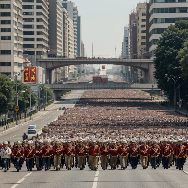a grand parade of one million Communist men and women from around the world on a giant highway