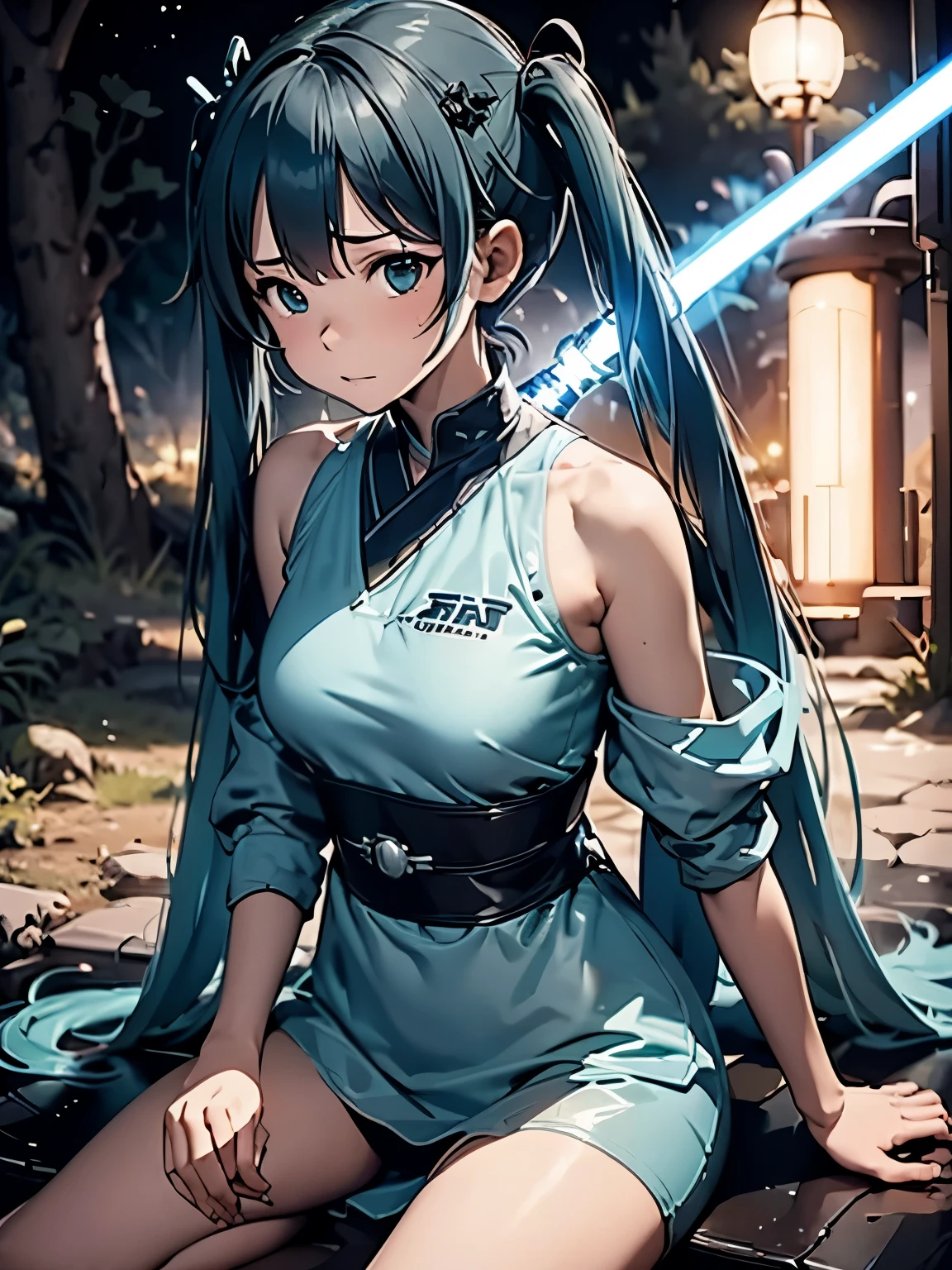 (masterpiece、highest quality、highest quality、Official Art、Beautiful and beautiful:1.2)、(One girl:1.3)Hatsune Miku、Twin tails,Big Breasts,Perfect Anatomy、Correct depiction、detailed lightsaber、Jedi Knight、One Girl、cute、Khaki poncho、Female knight with a lightsaber、light blue lightsaber、Dark World、Star Wars、Desert Background、highest quality、Masseter muscle area、Cinema Stick、Star Wars、