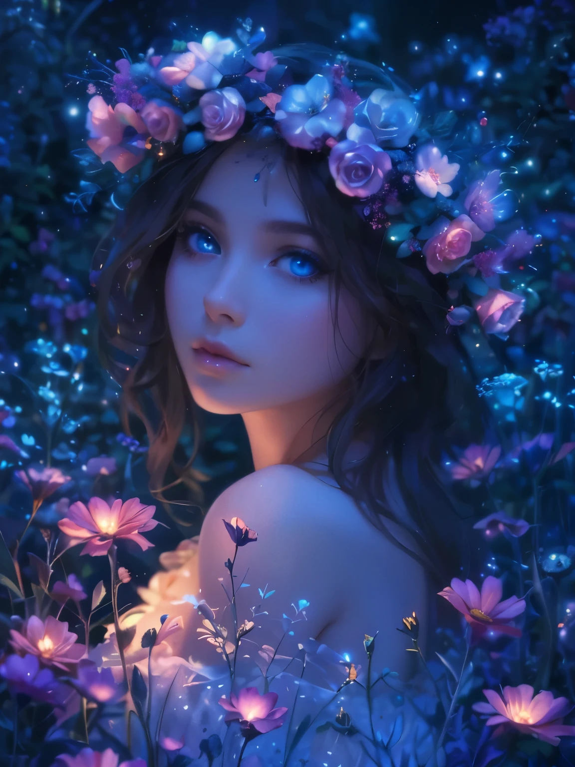 As the goddess mother nature tends to her garden, dappled twinkling of light and airy dust particle reflections, round blue bioluminescent eyes, she marvels at the beauty of her bioluminescent flowers. The violets and pinks glow in the moonlight, creating a dreamy atmosphere. The roses, with their delicate petals and intoxicating scent, add to the enchantment of this garden. With the AI platform's stylistic rendering, this scene will come to life in a unique and visually stunning way.