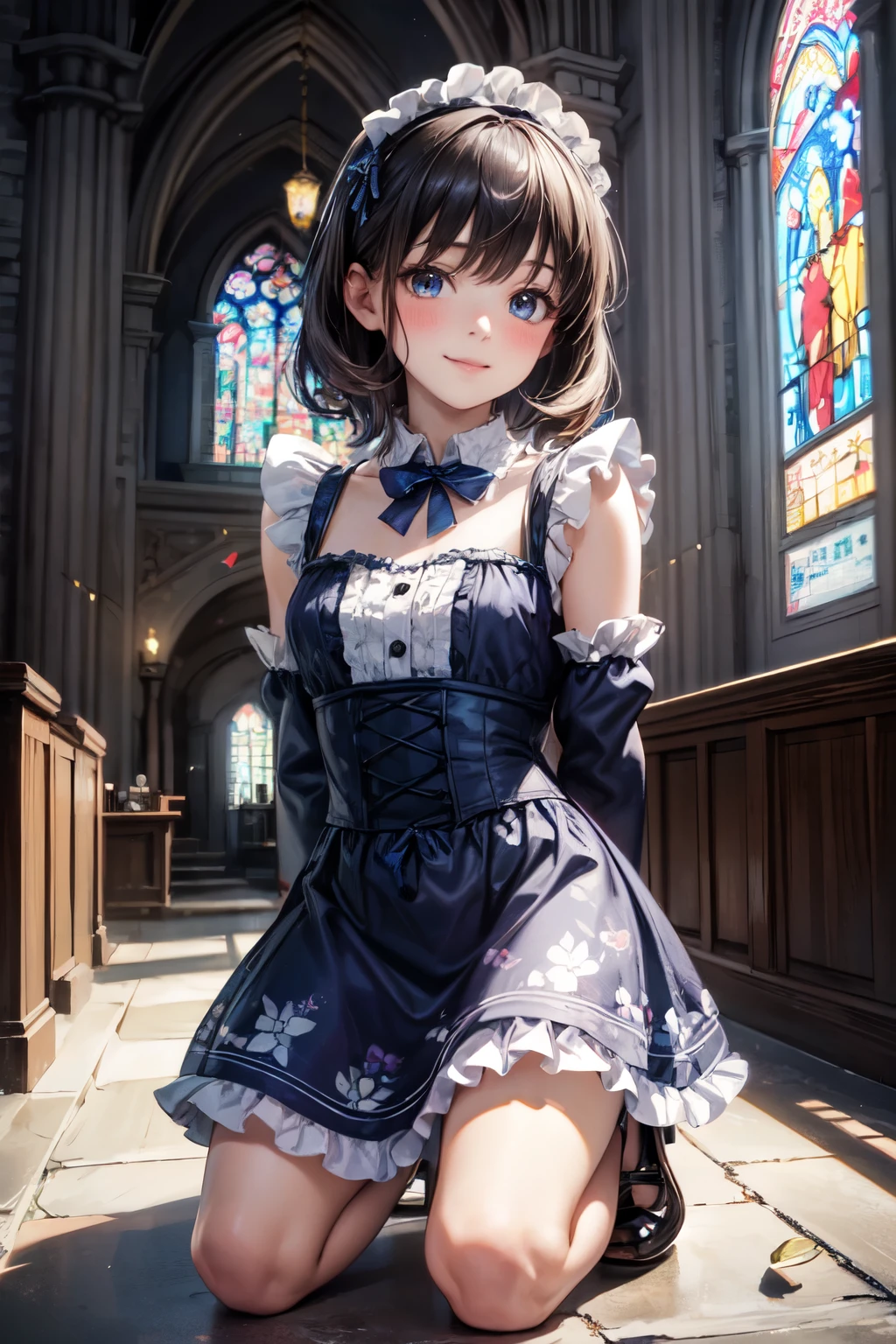 very cute and beautiful girl,(highly detailed beautiful face),(smile),blush,embarrassed,black hair,looking at viewer, (floral pattern blue lolita dress with detailed frills),detailed lace, kneeling,arms behind back,altar,church,indoors, (best quality,masterpiece),absurdres,highres,ultra-detailed,extremely detailed,32k,8k resolution, intricate details,cinematic scene,detailed background,solo,dynamic angle,realistic,