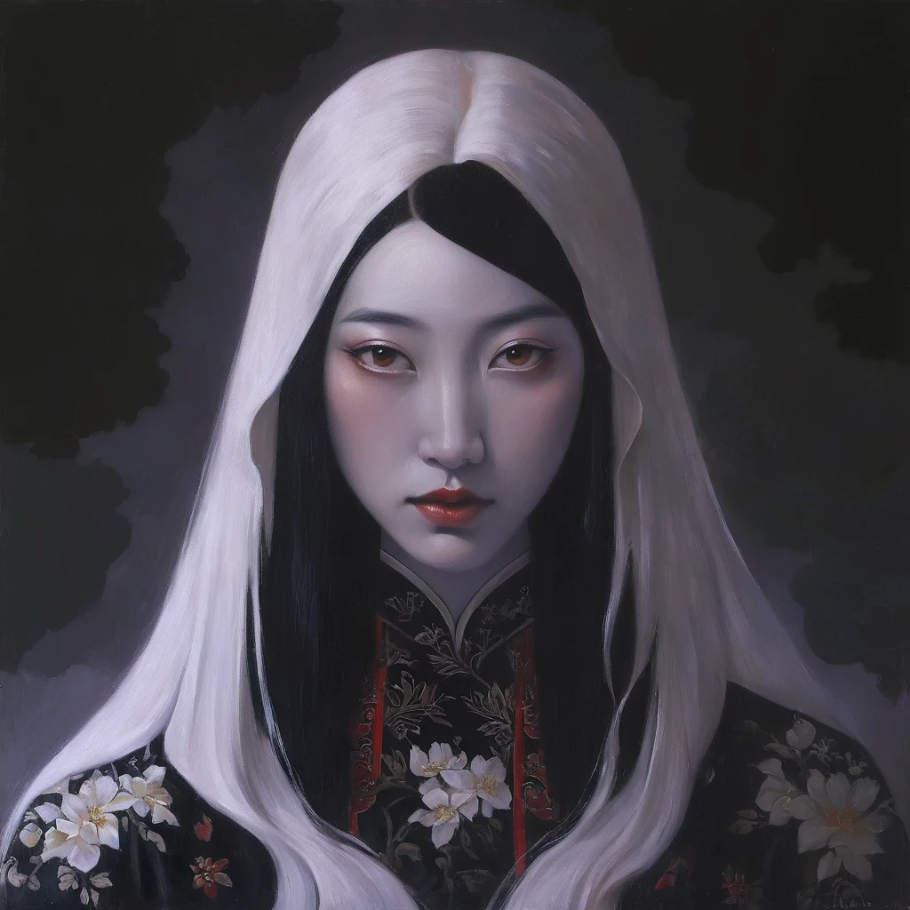 (Oil painting: 1.5),

\\

A woman with long black hair and white flowers in her hair sits in front of a Chinese landscape painting, red dress (Amy Saul: 0.248), (Stanley Ateg Liu: 0.106), (a detailed painting: 0.353), (Gothic art: 0.106)