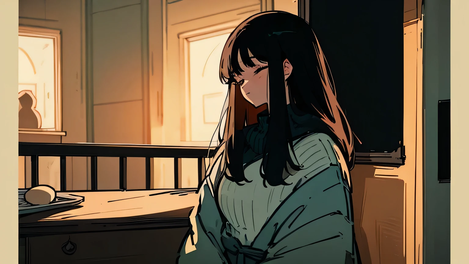 20 year old dark-haired woman, Warm-looking clothes、Calm、Gentle light、Night Background、coffee、head shot、Lo-fi illustration、A relaxing sight、Woman in sweater、Looks sleepy、Large windows