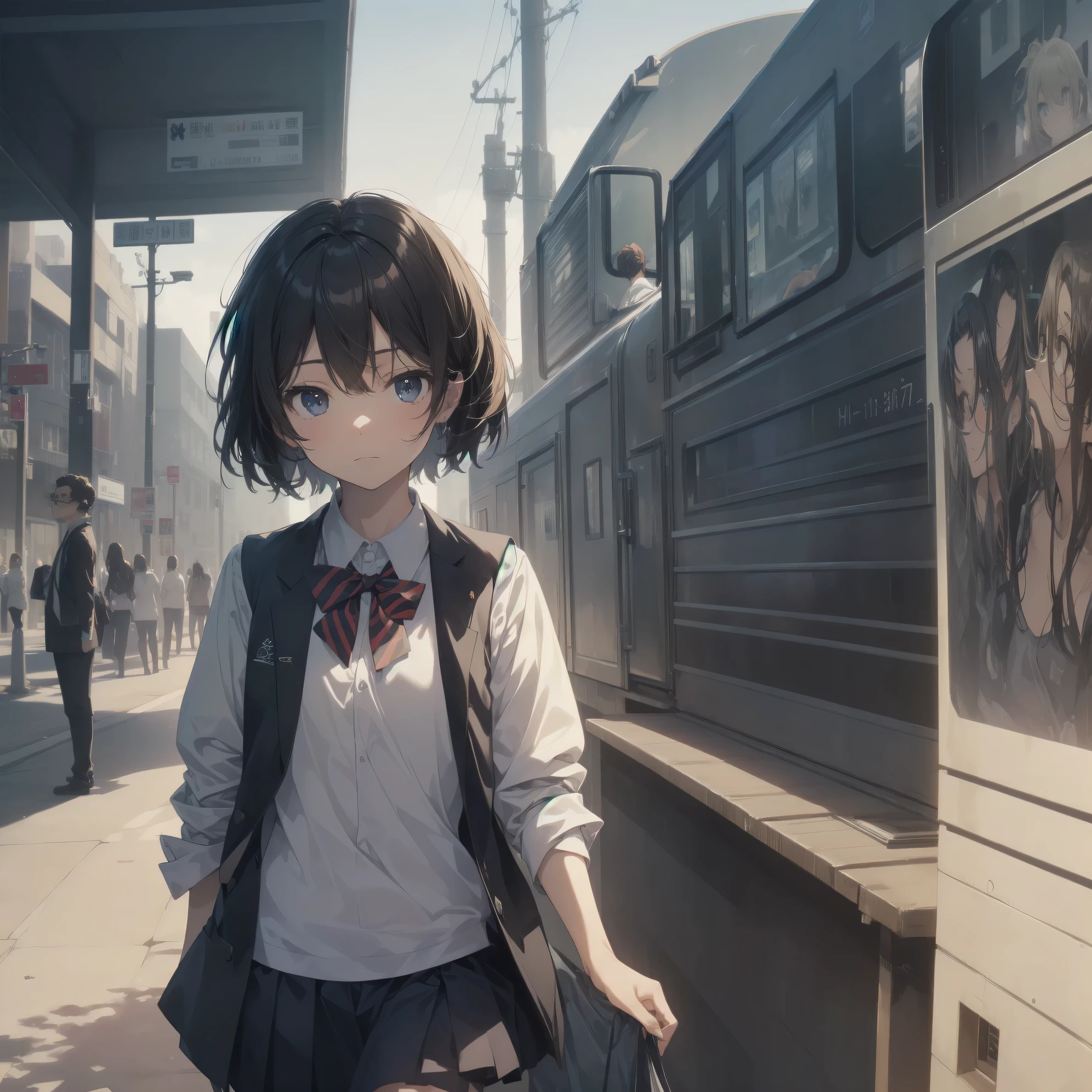 ultra-absurdres-Top quality by artist God, ultra-detailed, high resolution, anime moe artstyle, best anime 8k konachan wallpaper, pixiv contest winner, pool:2810, perfect anatomy,break, 1girl, (Please draw a girl walking sleepily to school alone. )break,(Solo,little female, 13-year-old:1.3),Full limbs, complete fingers,a junior high school student,  (very short hair), short cut, flat chest, , small butt, small black eyes, beautiful detailed eyes, well-proportioned iris and pupils, expressive eyes, highres detailed hair, soft expression, school_uniform, bowtie, collared shirt.  pleated skirt,(Detailed Lighting), (Detailed background), in the School commute route. break,super detailed skin, Best cinematic lighting powered by famous artist, 8k,beauty illustration,photoshop_(medium),very aesthetic,break,((artist:kincora ogipote )), artist:bolze ,artist:oyari ashito ,artist:kantoku ,