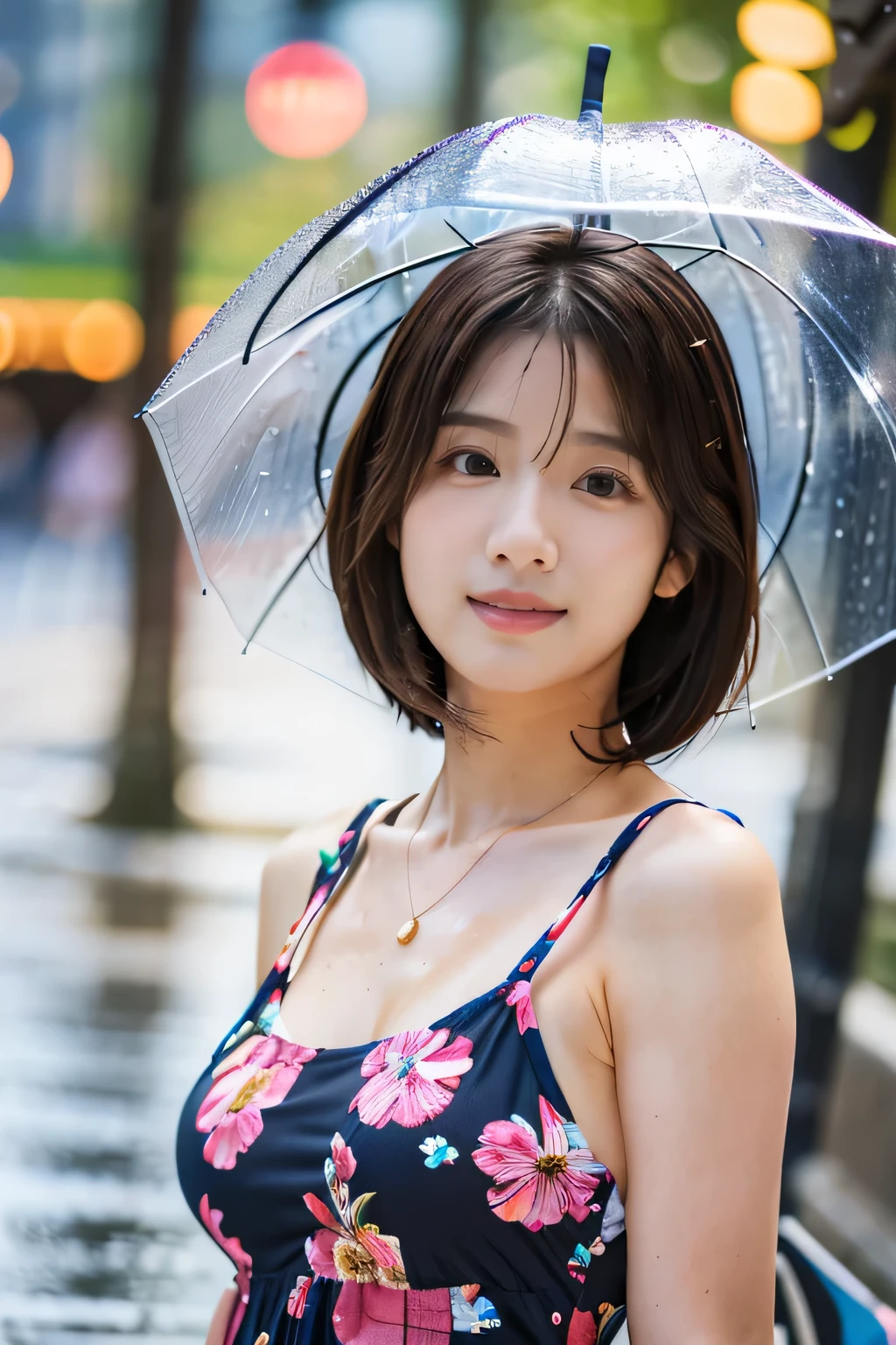 (Posing with an umbrella:1.5)、(Shopping street on a rainy day:1.5)、(Floral dress:1.5)、(Full-body photo:1.5)、highest quality, Photorealistic, Very detailed, finely, High resolution, 8K Wallpaper, Professional, High level of detail, ((One 18 year old girl:1.2)), Slender Japanese women,Pretty lips, (Beautiful long lashes:1.2)、Detailed clavicle, Perfect Face, (Cute short bob hair:1.5),Top Quality，Ultra-clear resolution，Clear Eyes，Sunburned skin，perfect medium breasts，A pretty necklace around the neck、have perfect legs，A kind smile、