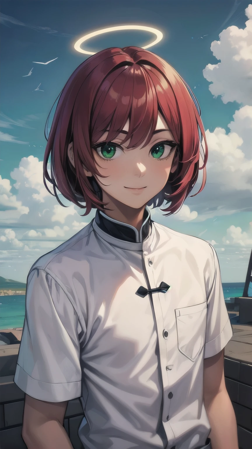 (masterpiece), ((sfw)), best quality, expressive eyes, perfect face, mature male, (1boy, adult Man, young adult, handsome man), solo, red hair BREAK bob cut, green eyes BREAK (tanned skin, tanned male), priest, background sky, clouds, outdoors, cloudy sky, day, halo, white outfit, standing, upper body, smile, looking at viewer, closed mouth