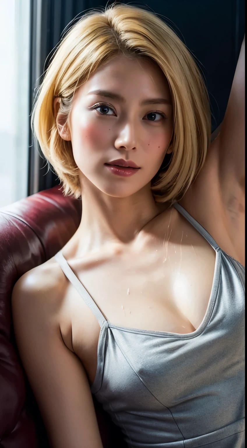 (Photorealistic:1.3、Ultra HD、Ultra-high resolution、8k、Japanese Housewife、In the kitchen)、Attention in the armpits、((Look Viewer:1.8))、(Extremely realistic skin texture:1.4)、(Realistic:1.3)、short hair、(smile:0.5)、(Blonde Hair:1.5)、40-year-old woman、Ponytail hairstyle、(Lift one arm and show your armpit:1.3)、(Face close-up:1.32)、(Sweaty:1.2)、good、camisole