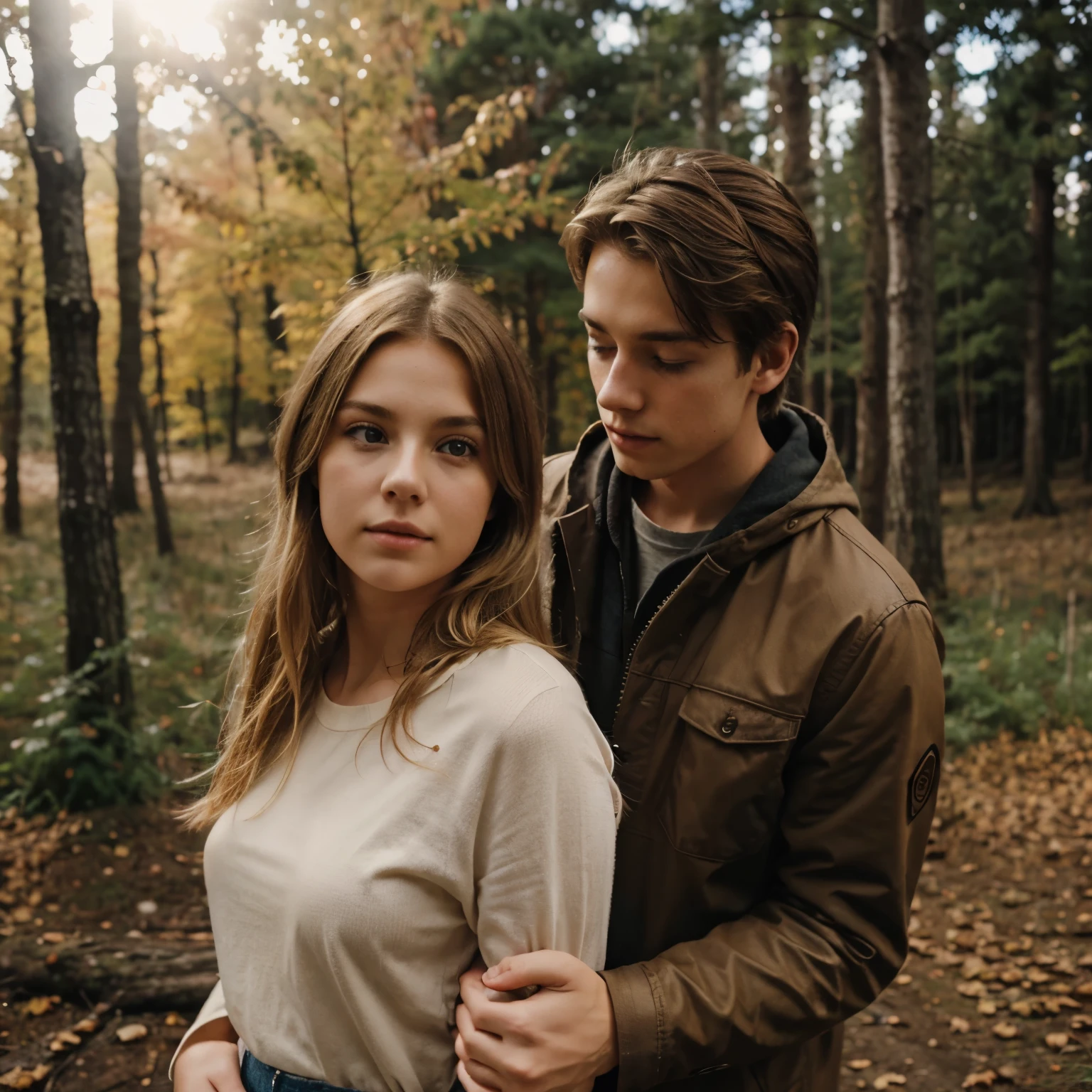 Girl blonde hair light eyes rests her head on the shoulder of a teenage boy light brown hair light eyes in the middle of a large autumn forest, dramatic, cinematographic, romantic, vista amplia