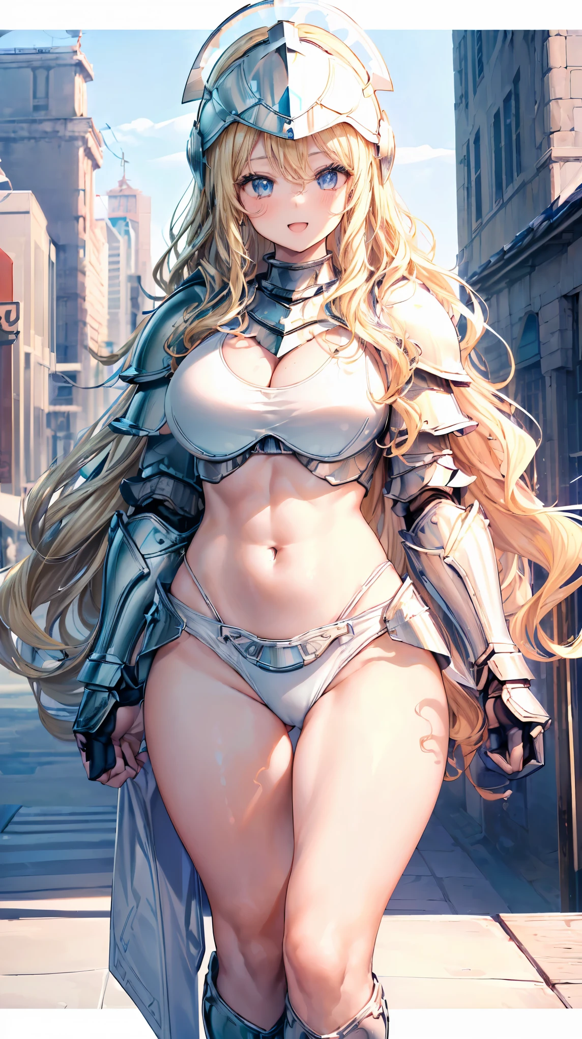 (Adult women:1.5)、Very detailed、highest quality、Best image quality、masterpiece、8k、Anime Face、A kind smile、(Open your mouth:1.3)、Sparkling blue eyes、(Blonde Wavy Hair:1.5)、、Muscles of the whole body、(High leg:1.5)、Thigh belt、(Wearing white bikini armor:1.5)、(Cowboy Shot:1.5)、(Leg armor:1.5)、(Wearing a helmet:1.5)、SFW Giant