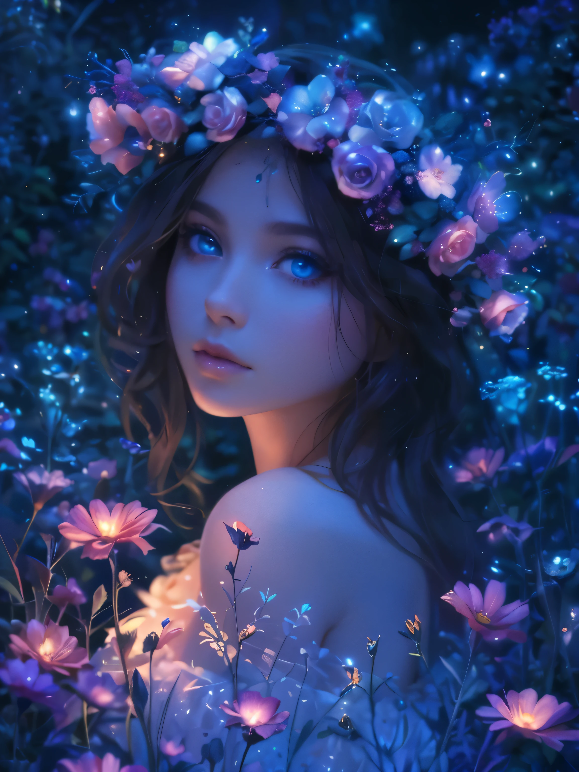 As the goddess mother nature tends to her garden, dappled twinkling of light and airy dust particle reflections, round blue bioluminescent eyes, she marvels at the beauty of her bioluminescent flowers. The violets and pinks glow in the moonlight, creating a dreamy atmosphere. The roses, with their delicate petals and intoxicating scent, add to the enchantment of this garden. With the AI platform's stylistic rendering, this scene will come to life in a unique and visually stunning way.