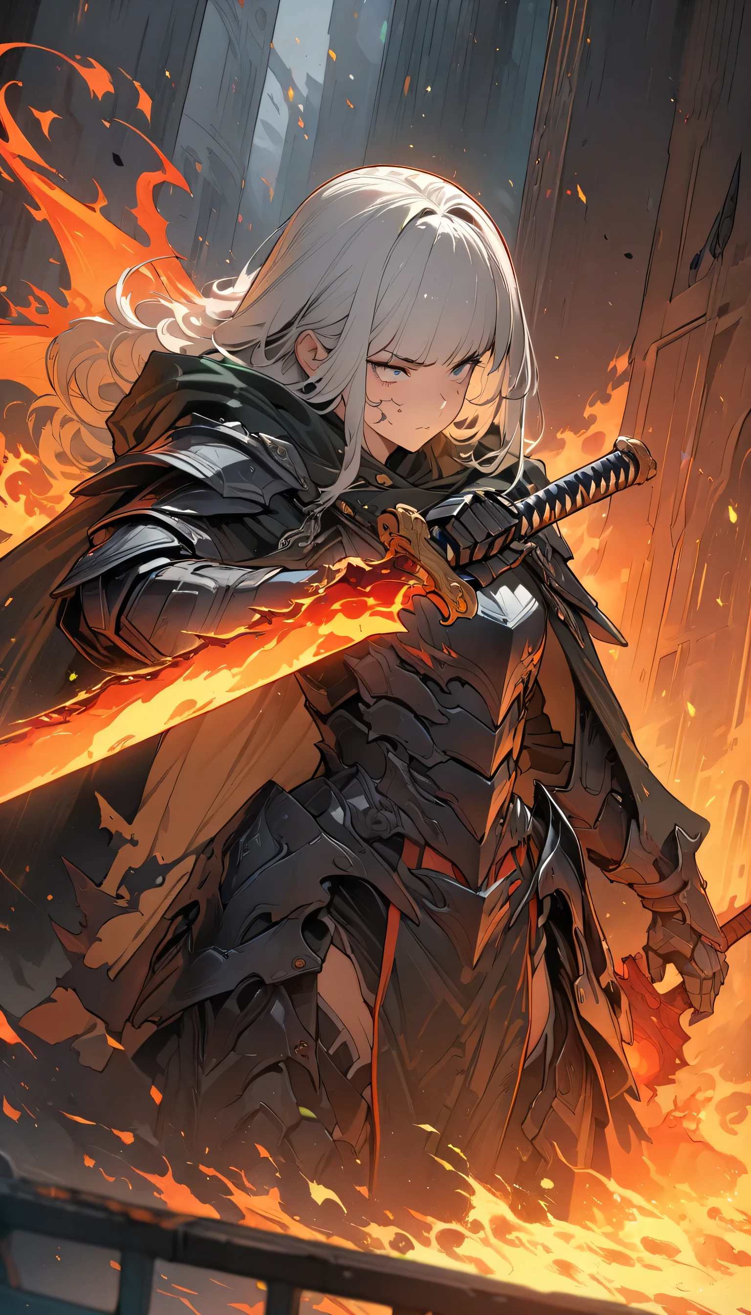 ((Ultra-fine illustrations, 8k, masterpiece :1.2, Sharp focus :1.2, Depth of written boundary:1.2)), Beautiful female swordsman, Disorganized, Highly detailed face and skin texture, Silver Hair, Jet Black Armor, Flame Armor, Cloak on Fire, Flaming Sword, Wings of Fire, Determination to overcome sadness, There's a sign of determination in your gentle eyes , Strong Soul、Full Body Shot
