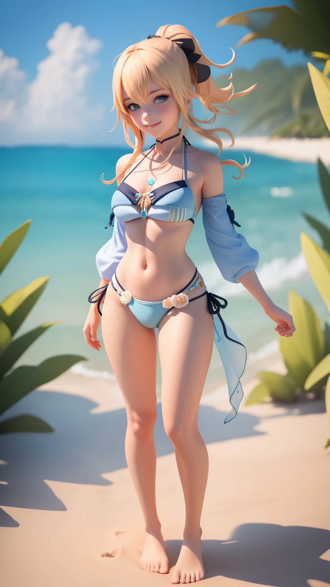 (Masterpiece), (Best Quality), (Ultra-detailed), (Full Body: 1.2) Girl, Light and Detailed, Clear Smile, Full Body, Beautiful Hair, Beach, (((Bikini))), barefoot.