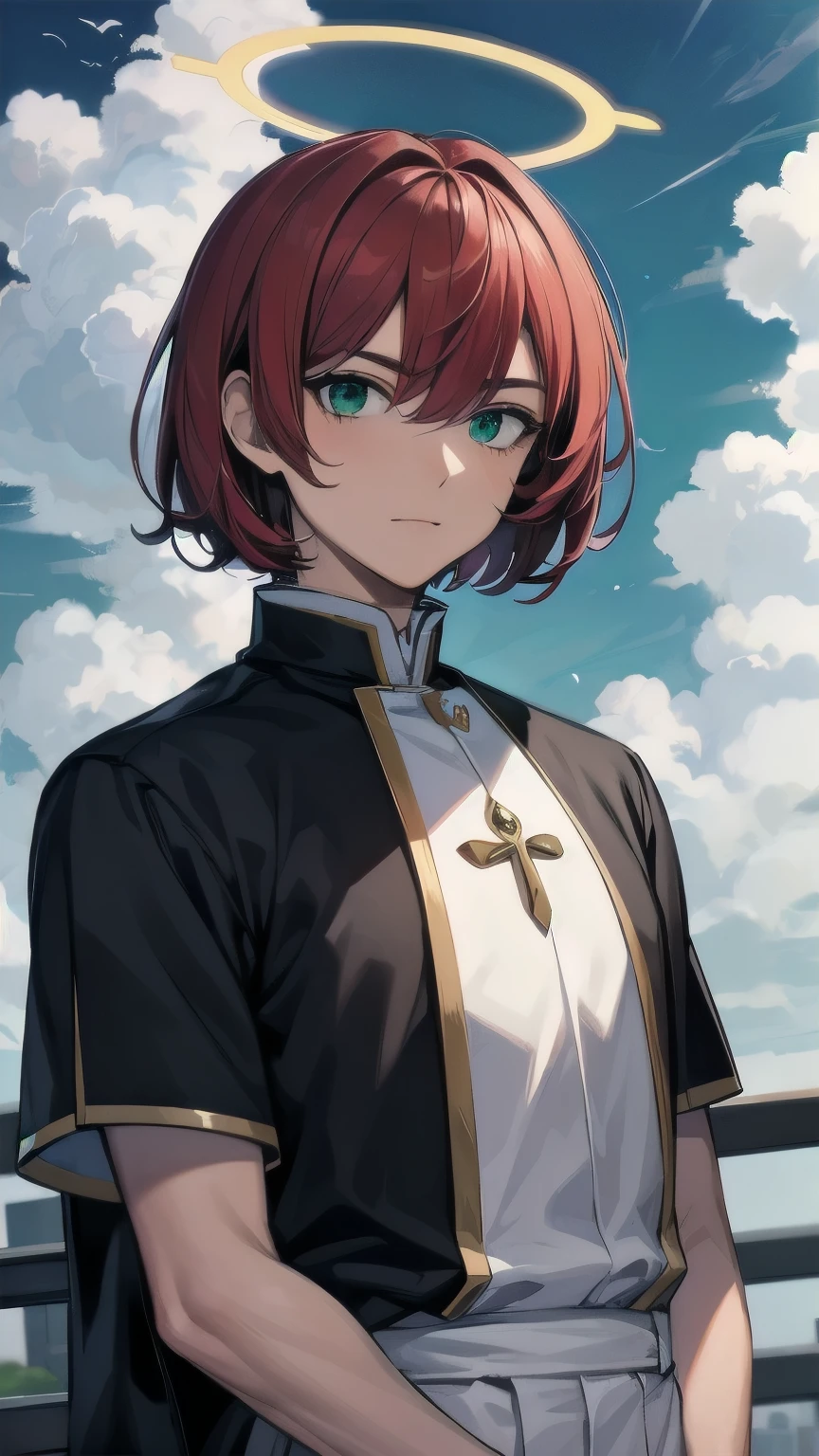 (masterpiece), ((sfw)), best quality, expressive eyes, perfect face, mature male, (1boy, adult Man, young adult, handsome man), solo, red hair BREAK bob cut, green eyes BREAK (tanned skin, tanned male), priest, background sky, clouds, outdoors, cloudy sky, day, halo, white outfit, standing, upper body