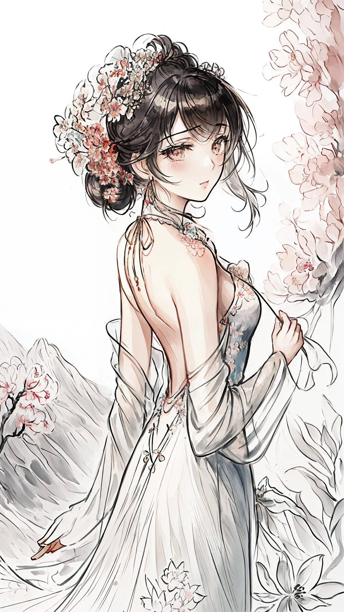 (((masterpiece))),(((best quality))),((ultra-detailed)), ((illustration)),floating, ((extremely delicate and beautiful)),(beautiful detailed eyes), ((disheveled hair)), (painting),(sketch), 1girl, small_breasts,((neck)),(back)),(looking back), blush,dhalter dress, chipped hair,backless dress