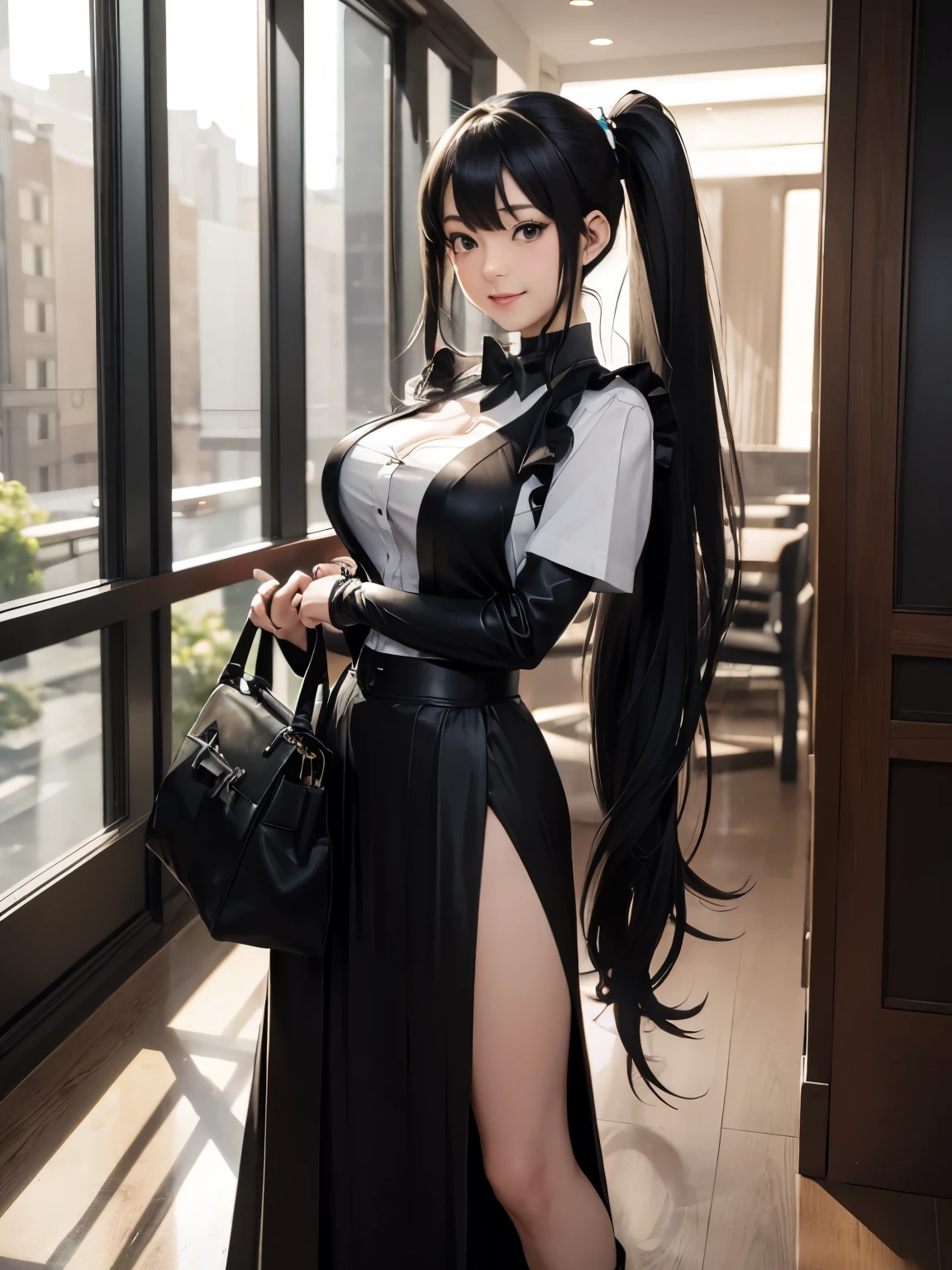 (masterpiece、highest quality、highest quality、Official Art、Beautiful and beautiful:1.2)、(One girl:1.3)Hatsune Miku、Twin tails,Big Breasts,Beautiful girl who looks like Bettie Page, smile, Updo, ponytail, Black Long Maxi Skirt(Black Long Maxi Skirt:1.2), Black satin gloves,High Boots, ((Long wool vest )), Playing for the camera, Opneleg, carrying a handbag on one's shoulder, Sitting on the grass in Central Park,