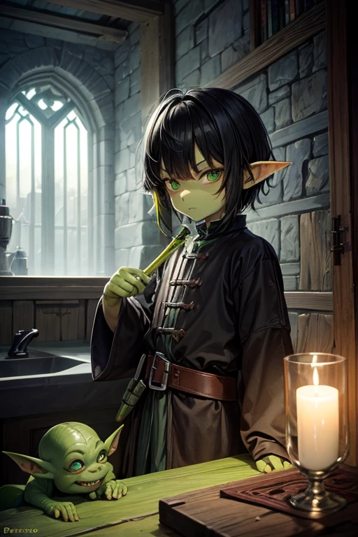 Goblin boy 5 years old with green skin short black hair, peinado desorenado con orejas puntegudas ,piel verde,  Medieval assassin&#39;s clothing black green eyes holding a spear brown shoes brown leather belt jade ornaments in a forest background with magical symbols