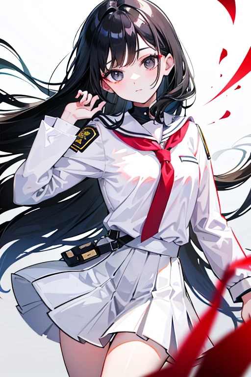 White Uniform　Blood　AK in hand　Black Hair　Dark Eyes　１People Girl　Location: Within school　Blood