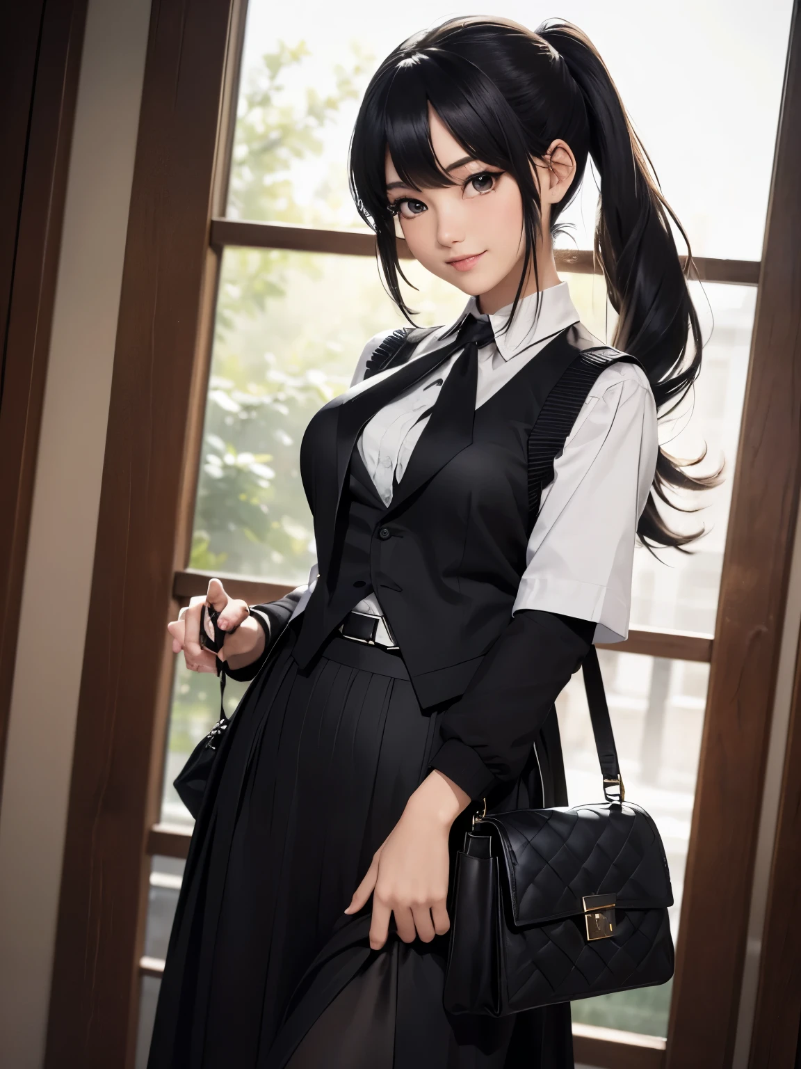 (masterpiece、highest quality、highest quality、Official Art、Beautiful and beautiful:1.2)、(One girl:1.3)Hatsune Miku、Twin tails,Big Breasts,Beautiful girl who looks like Bettie Page, smile, Updo, ponytail, Black Long Maxi Skirt(Black Long Maxi Skirt:1.2), Black satin gloves,High Boots, ((Long wool vest )), Playing for the camera, Opneleg, carrying a handbag on one's shoulder, Sitting on the grass in Central Park,