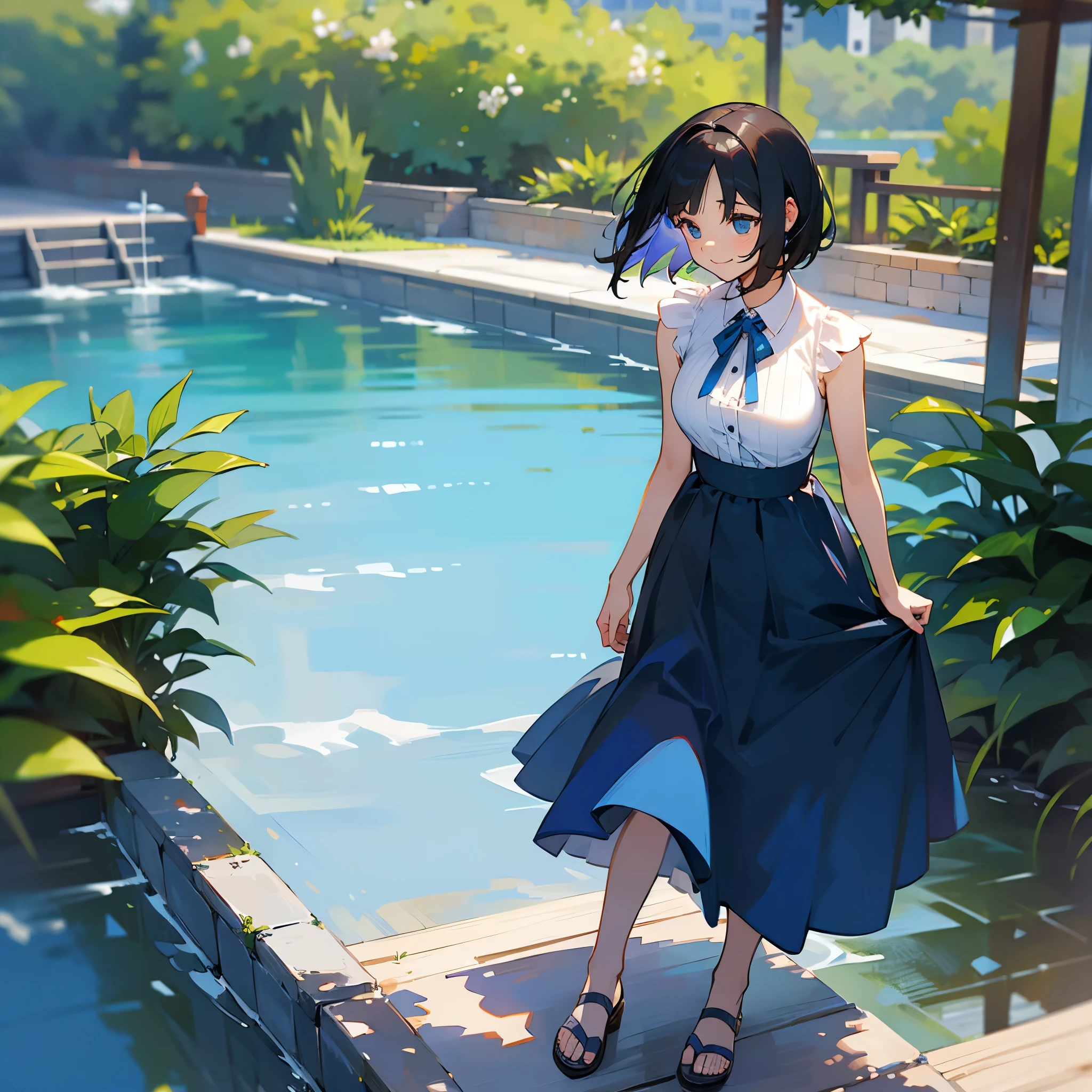 (high quality, High resolution, Very detailed, reality:1.37), Peaceful atmosphere, (Outdoor, garden),  girl standing alone, (my breasts are big.), Beautiful details, Cute Smile, (Black bob hair), Blue sleeveless dress, Sandals.