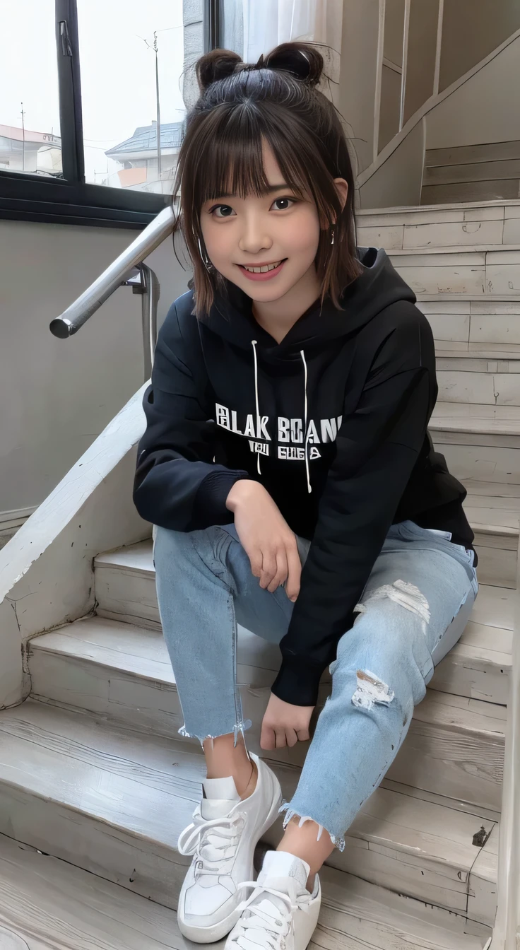 highest quality, Realistic, Very detailed, Finer details, High resolution, 8k wallpaper, One beautiful woman,Sit on the stairs、（Wear black socks）smile、（Beautiful teeth alignment、）（Gums are visible） Oversized hoodie, Skinny jeans,（ Black sneakers）、Black Hair、 Beautiful Bangs、ear piercing、Perfect dynamic composition, Beautiful and detailed, Full Body Shot, A big smile waiting to start

