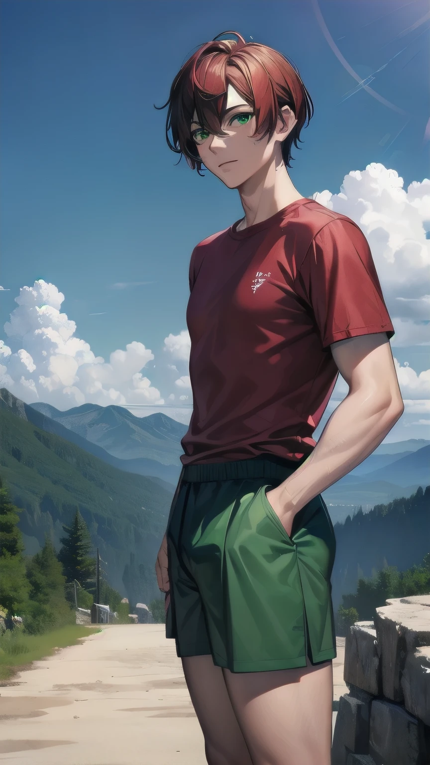 (masterpiece), ((sfw)), best quality, expressive eyes, perfect face, mature male, (1boy, adult Man, young adult, handsome man), solo, red hair BREAK bob cut, green eyes BREAK (tanned skin, tanned male), hiking, red shirt BREAK short sleeves, Green shorts BREAK mountainous road, rocks, mountains, cloudy sky, looking at viewer