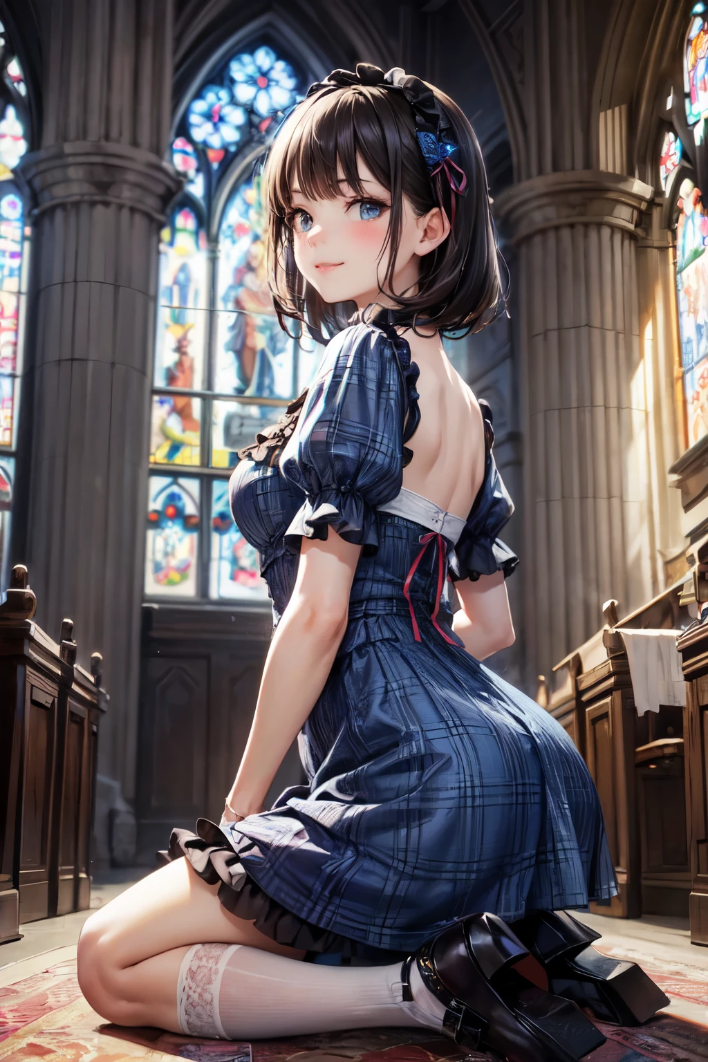 very cute and beautiful girl,(highly detailed beautiful face),(smile),blush,embarrassed,black hair,looking at viewer, (elegant blue plaid ta dress with detailed frills),detailed lace, kneeling,arms behind back,altar,church,indoors, (best quality,masterpiece),absurdres,highres,ultra-detailed,extremely detailed,32k,8k resolution, intricate details,cinematic scene,detailed background,solo,dynamic angle,realistic,