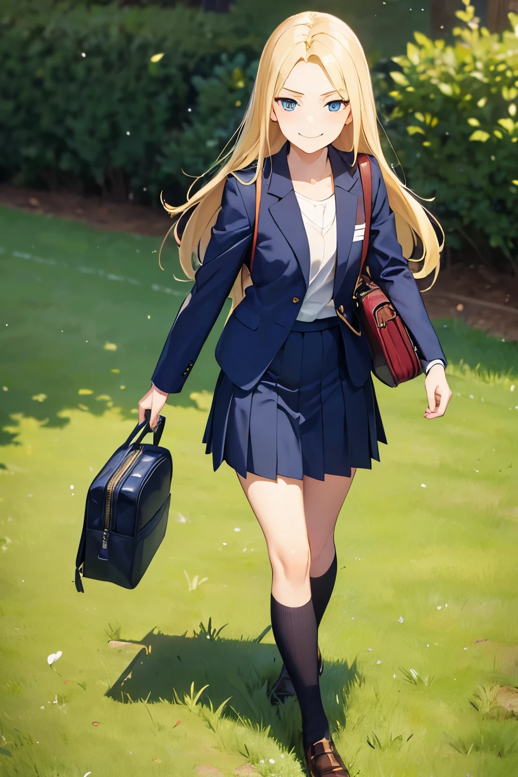 ((best quality)), ((masterpiece)), ((detailed)), (((perfect face))), (((14yo blonde girl in navy blue suit, skirt))), (((smirking))), (((grass field))), (((walking))), (((school bag)))