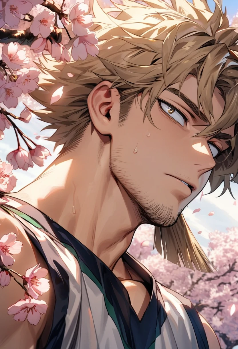 Ultra detailed, Highres, HDR, absurdres, Takami Keigo, ash blond hair that is swept messily backward with some of the front tufts sticking up in arcs above his head, his eyebrows are notably thick having a similar texture as his hair, and he has faint stubble on his chin, his eyes are expressive golden-brown and rather triangular, with two small black triangles just below his tear ducts and in the top corners of his eyes, Boku no Hero Academia, sexy man, handsome, solo, extremely detailed face and eyes, petals, blossoms, spring, master piece, basketball uniform, cherry blossoms, best quality