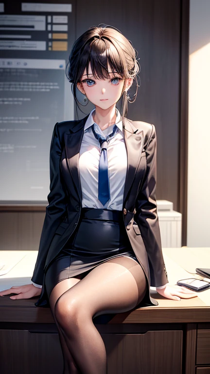 (masterpiece), ((highest quality)), (masterpiece,highest quality,Official Art,Highly detailed CG Unity 8k wallpaper), (The most noble and beautiful), (高学歴のwoman),Beauty Photography, woman,alone,(An elegant, upper-class, super elite secretary in a business shirt),Perfect look,double eyelidの目,Delicate makeup, Working in the office,厳格なbusiness suitを着用する, (Wear pantyhose),Wear high-end heels,Girl in a shirt, Wearing a suit, Huge ,Full Body Lesbian,Wearing a suit, Wearing a suit, merchant, Business Attire, 黒いWearing a suit, Wear a shirt and skirt, スーツを着たwoman, business suit,Computer chair,sit down,Erlang Leg,High heels,Displaying the viewer,Bright,Intricate details,Feet Focus,From below,Cool Beauty,(Tall Girl),Dark brown hair, Small earrings,Accurately expresses the fine details of the face and skin texture,(The most beautiful face and eyes), double eyelid,Delicate skin,Slim figure,alone,Medium chest,(She wears the most beautiful and noble little earrings), (From belowの軽蔑の視線1.5)