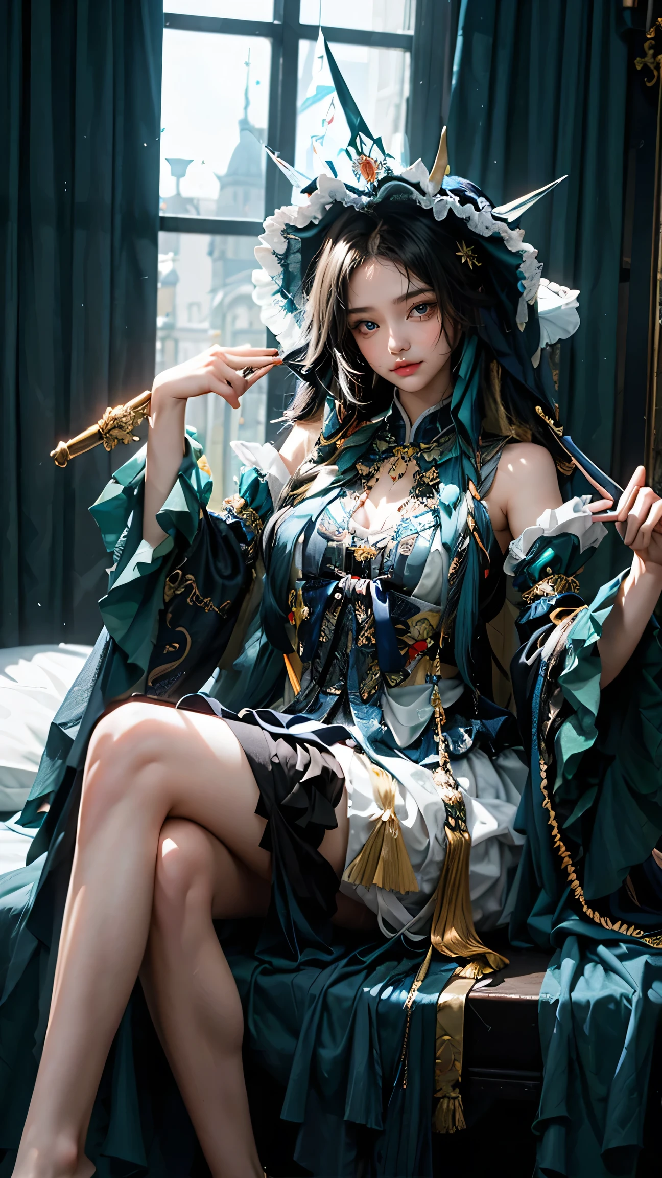 Best quality, masterpiece, ultra high res, raw photo, beautiful and aesthetic,deep shadow, dark theme,(ultra detailed:1.3),
1girl, sitting on bed, Headdress, hair ornament, full of curtain, drill hair, long hair, blonde hair, gradient hair, yellow eyes, solo, huge breasts, G-cup, big hair, blue hair, tiara, divine goddess, looking at viewer, royal palace, indoors, bedroom, astraea, full body, cns attire, layered dress, hat, detached sleeves, wide sleeves, jewelry, black pantyhose