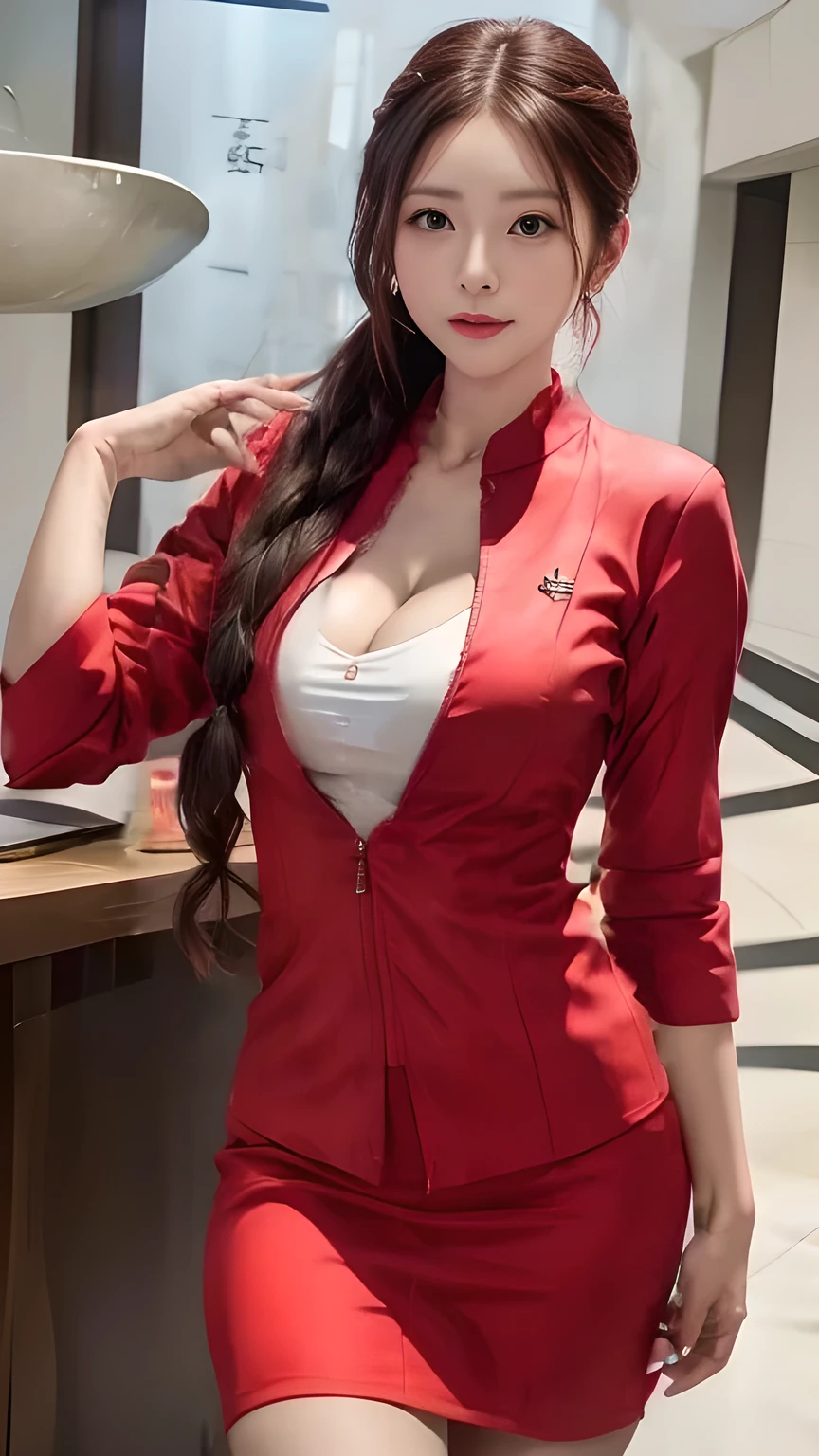 AirAsia red jacket uniform、Dark brown hair、Ponytail Hair、Red rubber band、Long hair braids down to the legs、Long hair braids down to the legs hanging down over the uniform、Luxury earrings、Captivating look、Blue Eyes