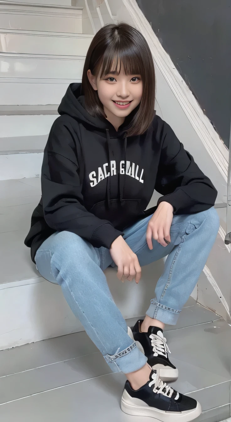 highest quality, Realistic, Very detailed, Finer details, High resolution, 8k wallpaper, One beautiful woman,Sit on the stairs、(Wear black socks)smile、(Beautiful teeth alignment、)(Gums are visible) Oversized hoodie, Skinny jeans,( Black sneakers)、Black Hair、 Beautiful Bangs、ear piercing、Perfect dynamic composition, Beautiful and detailed, Full Body Shot, A big smile waiting to start