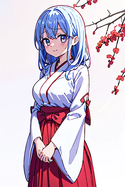 highest quality High resolution {Red too:1.35},シンプルなShrine maiden服 Shrine maiden服 (white background white groundless background:1.5), Long short hair Drooping eyes Anime style illustrations Beauty Shrine maiden Cute eyes smile Scarlet hakama Dark blue eyes One Woman Light blue hair Shortcuts Wide sleeves Long hem Looking up Big Breasts