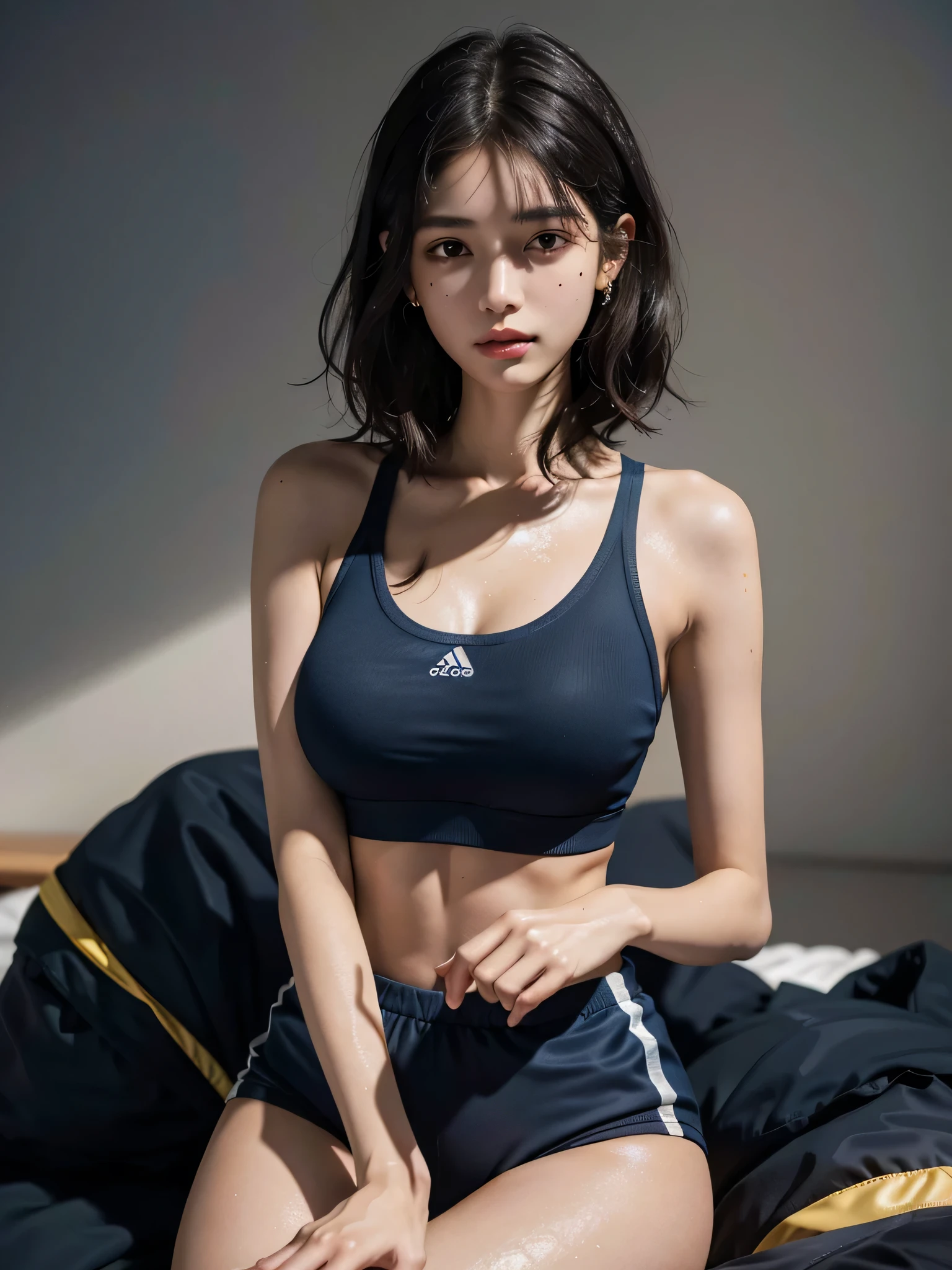 absurdres, RAW photo, extremely delicate and beautiful, masterpiece, Best Quality, ultra high resolution, 32k, hyperrealistic, ultra-detailed, perfect anatomy, anatomically correct, perfect figure, super Detailed skin, 20 years old, very Slim body, narrow waist, very small head, very small face, delicate facial features, detailed face, detailed eyes, tearful mole, earring, thin legs, bare legs, ((very huge round breasts)), short medium hair, ((wavy hair)), wet clothes, navy blue sports bra, Dark blue sports shorts, yellow open finger gloves,