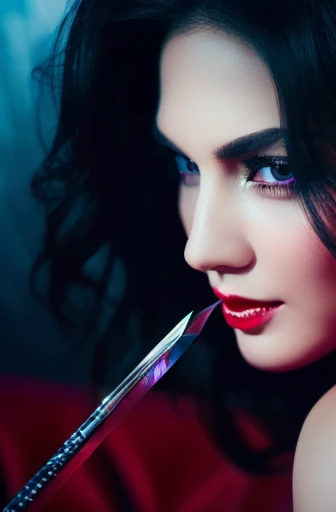 (best quality,ultra-detailed,realistic:1.37),a beautiful girl with a devilish smirk on her face, wearing stilettos, holding an ice pick,illustration,sharp focus,vivid colors,portraits,dark color palette,dramatic lighting,