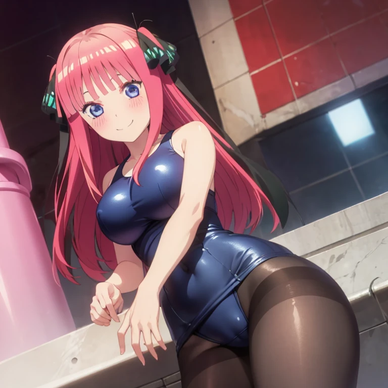 best quality, ultra-detailed masterpiece, anime art style, cute character, nino nakano, large breasts, blush, smile, one-piece swimsuit, pantyhose,