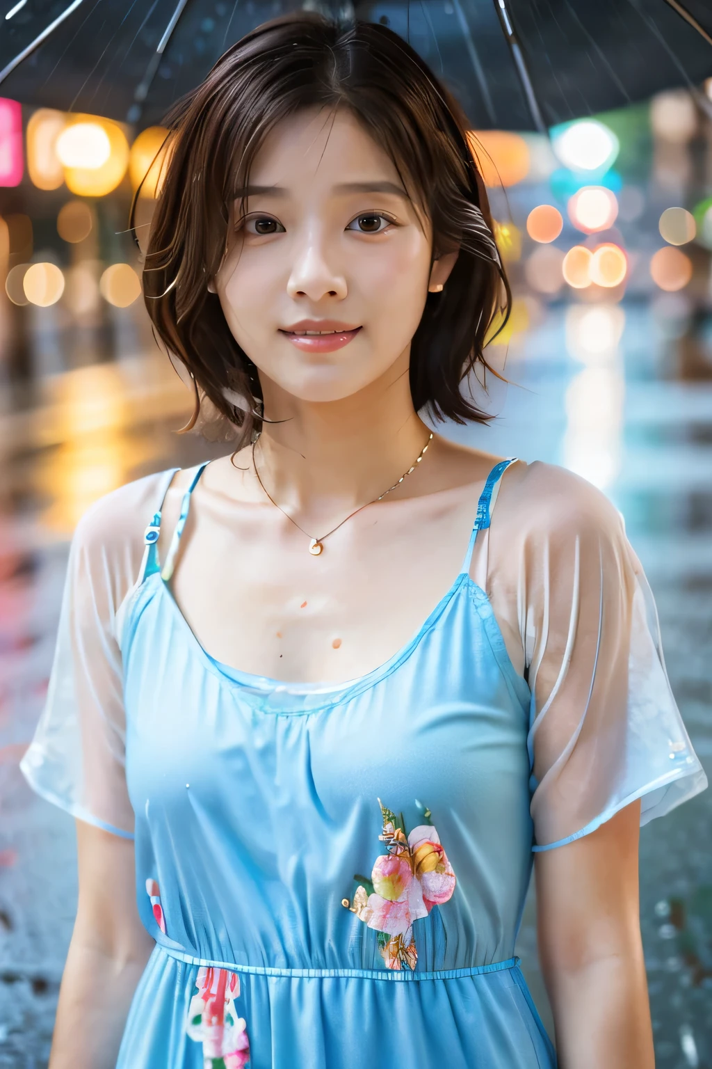 (Posing in the rain:1.5)、(Shopping street on a rainy day:1.5)、(Floral dress:1.5)、(Full-body photo:1.5)、highest quality, Photorealistic, Very detailed, finely, High resolution, 8K Wallpaper, Professional, High level of detail, ((One 18 year old girl:1.2)), Slender Japanese women,Pretty lips, (Beautiful long lashes:1.2)、Detailed clavicle, Perfect Face, (Cute short bob hair:1.5),Top Quality,Ultra-clear resolution,Clear Eyes,Sunburned skin,perfect medium breasts,A pretty necklace around the neck、have perfect legs,A kind smile、