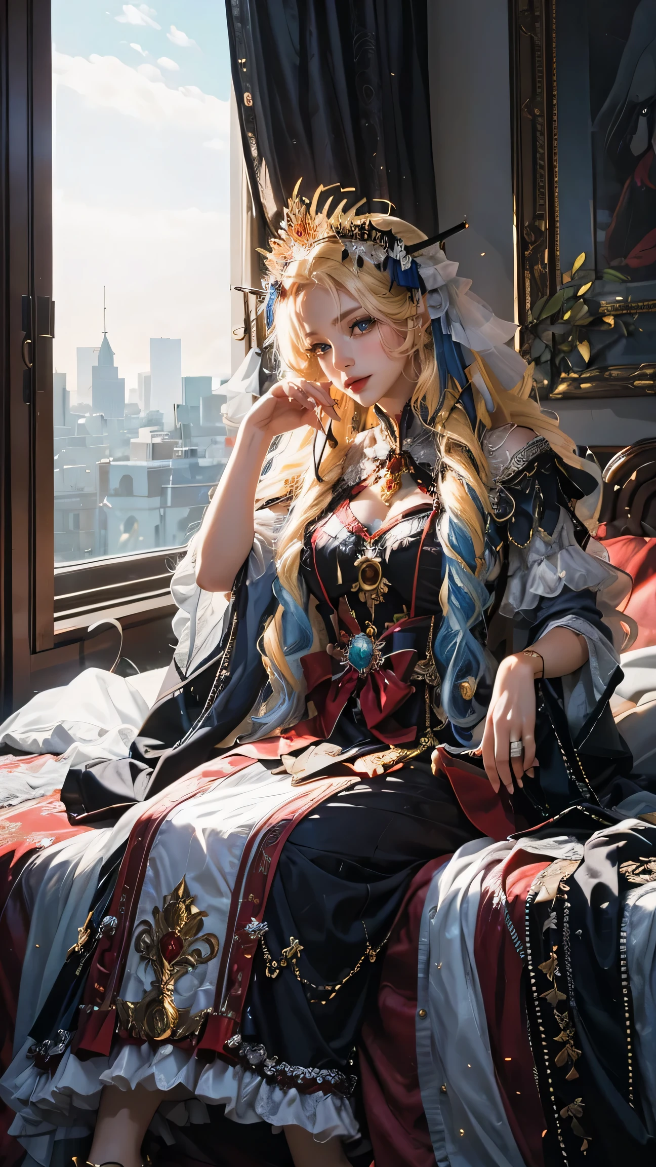 Best quality, masterpiece, ultra high res, raw photo, beautiful and aesthetic,deep shadow, dark theme,(ultra detailed:1.3),
1girl, sitting on bed, Headdress, hair ornament, full of curtain, drill hair, long hair, blonde hair, gradient hair, yellow eyes, solo, huge breasts, G-cup, big hair, blue hair, tiara, divine goddess, looking at viewer, royal palace, indoors, bedroom, astraea, full body, cnsdress 