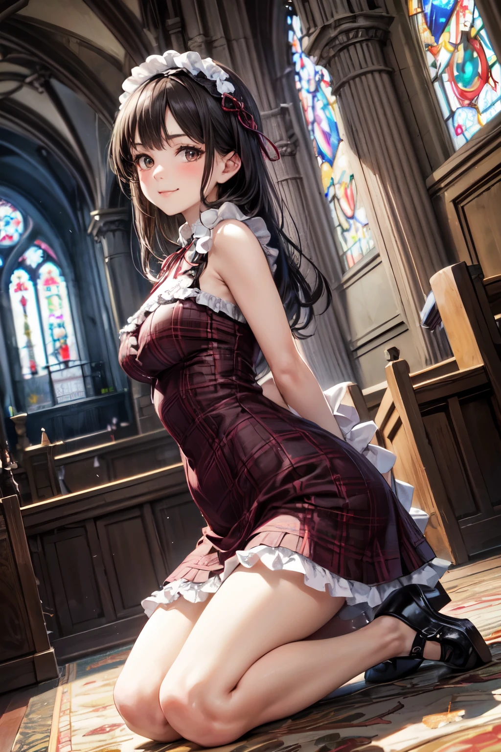 very cute and beautiful girl,(highly detailed beautiful face),(smile),blush,embarrassed,black hair,looking at viewer, (elegant brown plaid lolita dress with detailed frills),detailed lace, kneeling,arms behind back,altar,church,indoors, (best quality,masterpiece),absurdres,highres,ultra-detailed,extremely detailed,32k,8k resolution, intricate details,cinematic scene,detailed background,solo,dynamic angle,realistic,