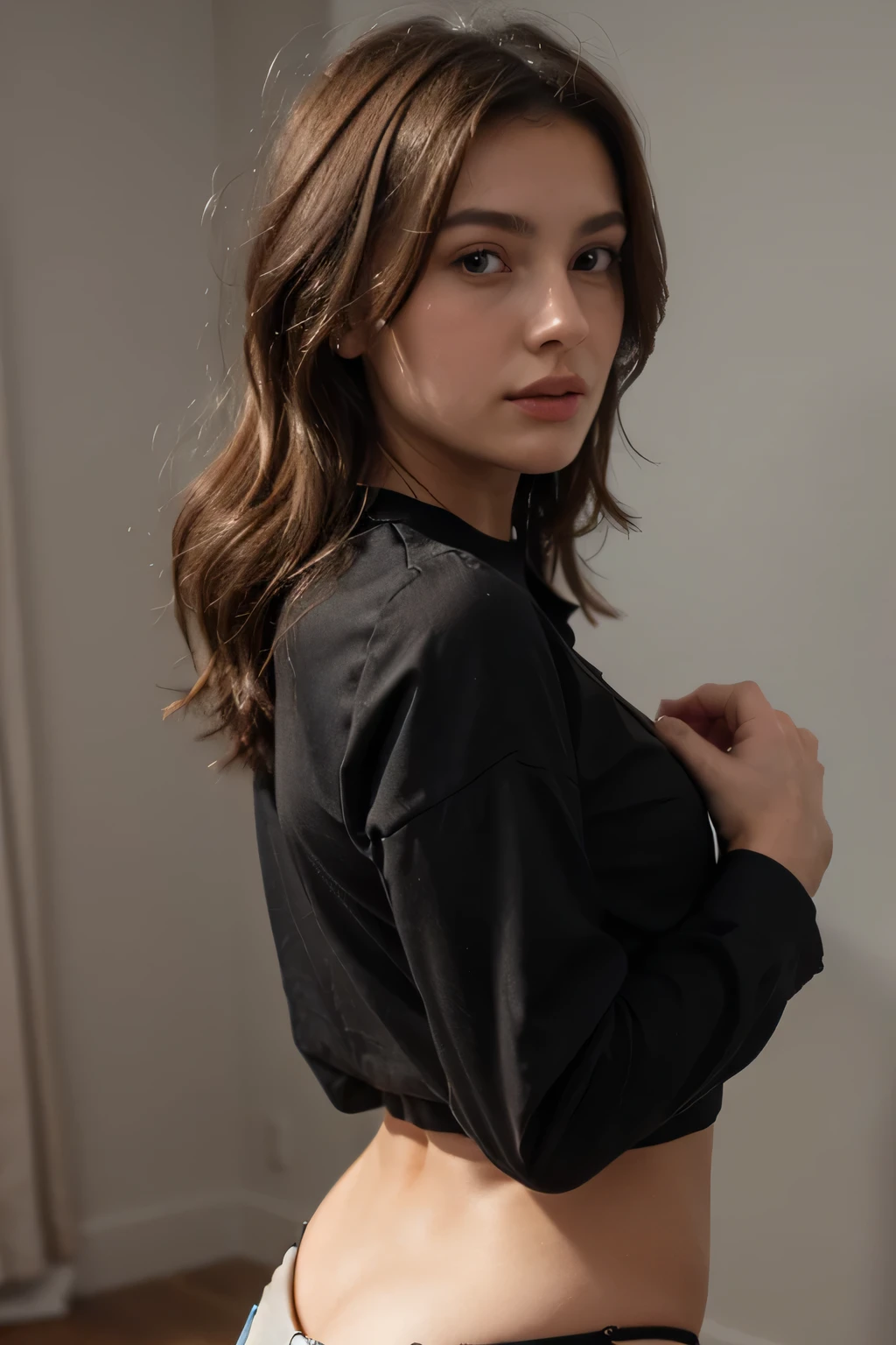 A woman with brown hair and a black blouse from her shoulders to her head, 3D