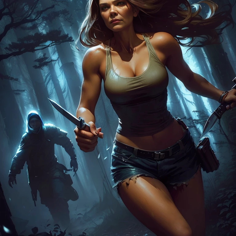 Image of a woman in her 50s holding a knife in the woods, Raymond Swanland's style, fantasy horror art, Detailed 4K horror artwork, Horror fantasy art, dark fantasy horror art, Background artwork, Inspired by Jason Edmiston, Elegant horror art, Stylized urban fantasy art, Then Martin, Digital Horror Artwork, Sci-fi horror art