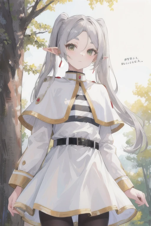 masterpiece, highest quality, High resolution, thank you, Long Hair, Gray Hair, Twin tails, Pointed Ears, Earrings, Thick eyebrows, White capelet, Striped shirt, Long sleeve, belt, White Skirt, Black Pantyhose , Are standing, Cowboy Shot, Outdoor,Upper Body