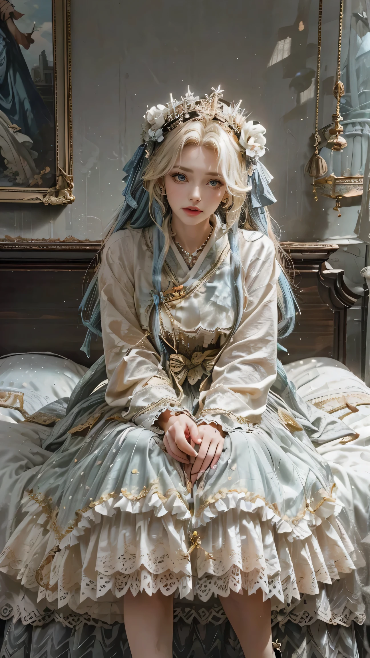 Best quality, masterpiece, ultra high res, raw photo, beautiful and aesthetic,deep shadow, dark theme,(ultra detailed:1.3),
1girl, sitting on bed, Headdress, hair ornament, full of curtain, drill hair, long hair, blonde hair, gradient hair, yellow eyes, solo, huge breasts, G-cup, big hair, blue hair, tiara, divine goddess, looking at viewer, royal palace, indoors, bedroom, astraea, full body, cns_dress 