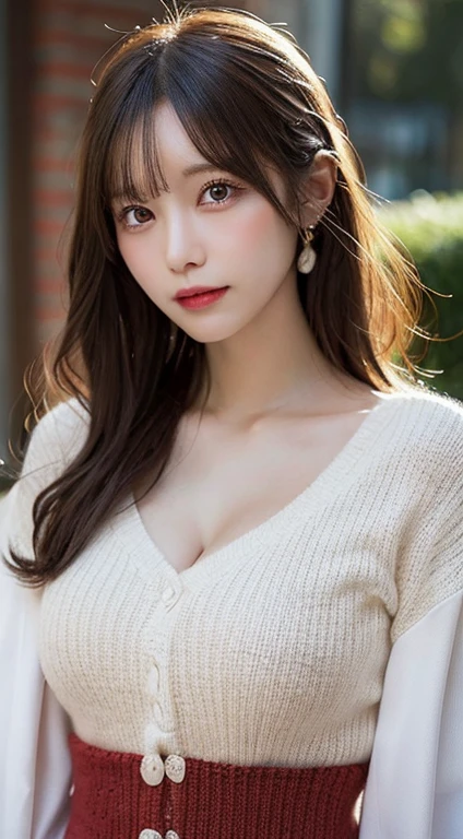 masutepiece, Best Quality, Illustration, Ultra-detailed, finedetail, hight resolution, 8K Wallpaper, Perfect dynamic composition, Beautiful detailed eyes, Natural lips, Red knitted dress , Big breasts, cleavage