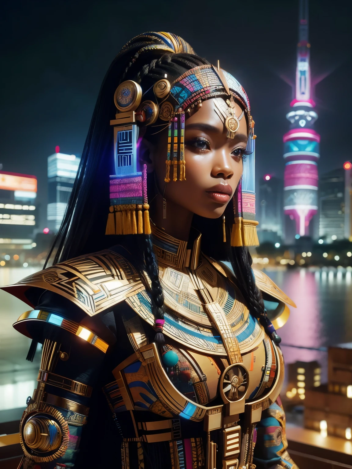 (high quality), (masterpiece), (detailed), 8K, Hyper-realistic digital illustration depicts (Japanese cyborg warrior1.3) clad in (vibrant fantasy attire1.2) infused with Ghanaian and Senegalese cultural patterns. Her (futuristic armor1.2) is adorned with (intricate Adinkra symbols1.2) and (colorful Batik patterns1.2), while her (long braids1.2) are woven with (shimmering metallic threads1.2). In the background, a (neon-lit cityscape1.2) blends traditional West African architecture with modern skyscrapers. In style of Simon Stalenhag, trending on Artstation.
