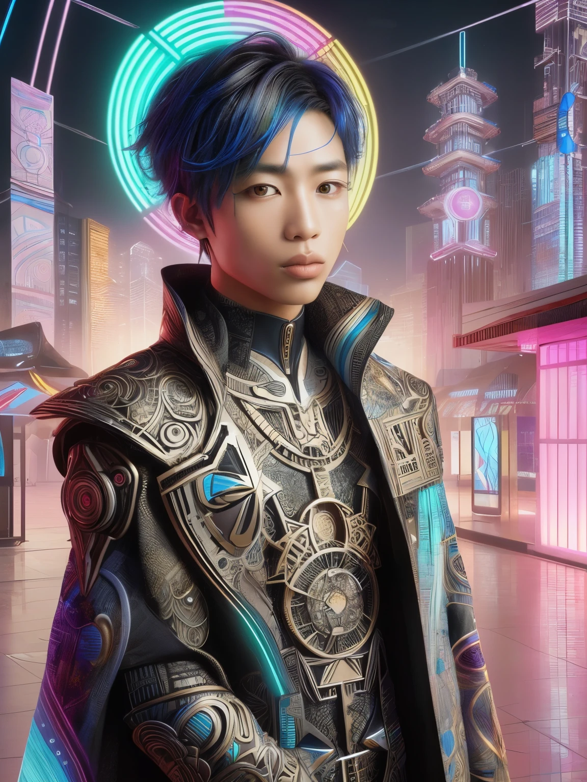 Highly detailed, hyper-realistic portrait of a young Japanese boy, wearing intricate, futuristic fantasy clothes inspired by Ghanaian and Senegalese cultures, by Ash Thorp and Loish, vibrant colors, neon lights, subtle mist, modern architecture, Accra and Dakar-inspired background, Canon EOS R5, ƒ 2.2, 24 mm, 8k, medium-format print, intricate textures, subtle facial expression, ornate patterns, Adinkra symbols, Kente cloth-inspired designs, metallic accents.