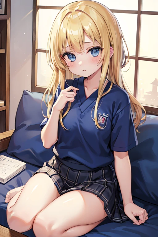 (8k, highest quality, Tabletop:1.2)、Ultra-high resolution、One 14-year-old girl, Detailed face、deep, Beautiful Eyes, blue eyes, Blue T-shirt, Black plaid skirt, Blonde, Perm, White panties, Japanese-style room, Japanese cushion, Sit on one knee